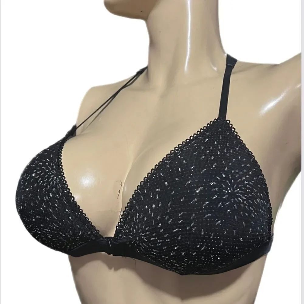 Victoria’s Secret Padded with Metallic lace deep V bralette bra black Large